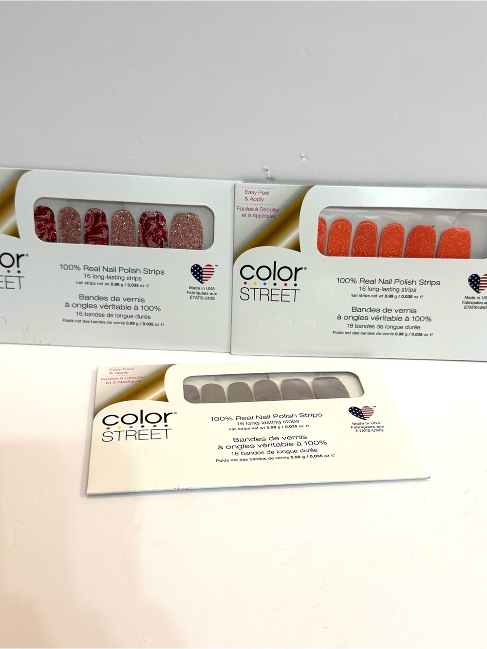 NWT 3 Color Street Nail Strips Fingernail Polish Gray, Coral, Glitter Pink